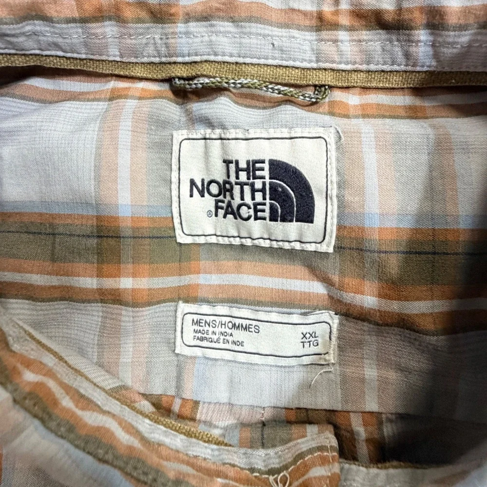 vtg The North Face Mens XXL Plaid SS Button Down Shirt Brown Blue Outdoor